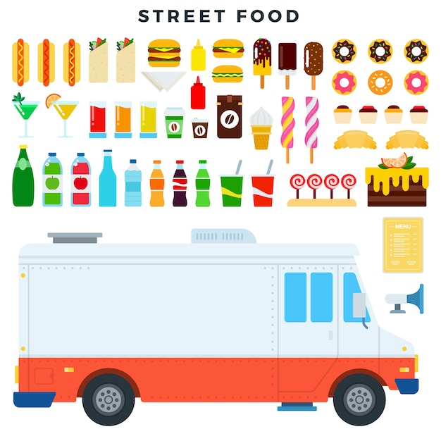 Set of street food in a flat style