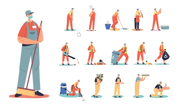 さまざまなライフスタイルの状況とポーズをすくう制服を着た通りの用務員の漫画の男のセット：掃除、ゴミや葉の収集を行う屋外クリーナー。フラットベクトル図