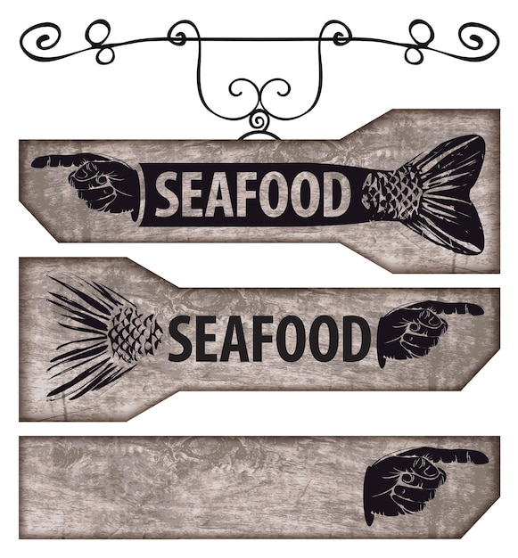 Vector set of street pointers for seafood restaurant