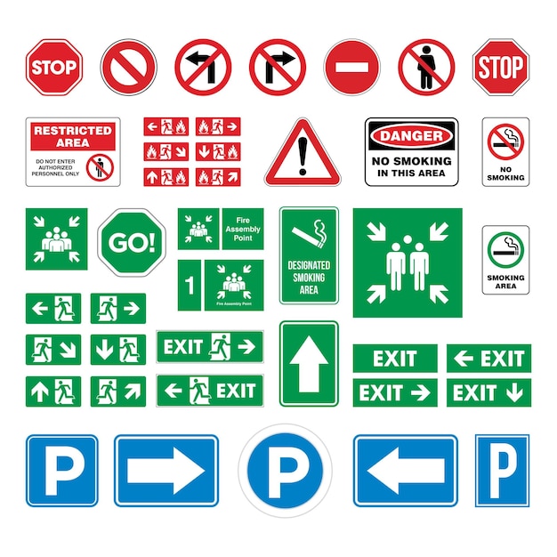 Impostare il segnale stradale evacuare il segno area fumatori nessun segno di fumo segno di parcheggio stop fire punto di raccolta modello vettoriale