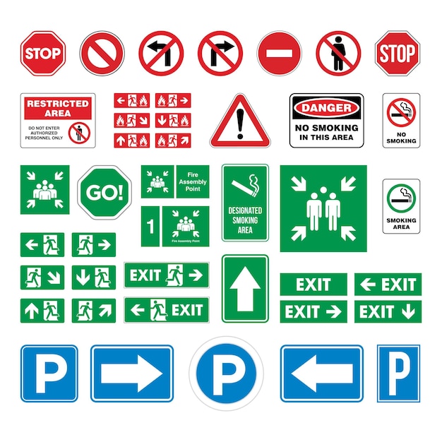 거리 표지판 설정 대피 표지판 흡연 구역 금연 표지판 주차 표지판 정지 화재 집결지 벡터 템플릿