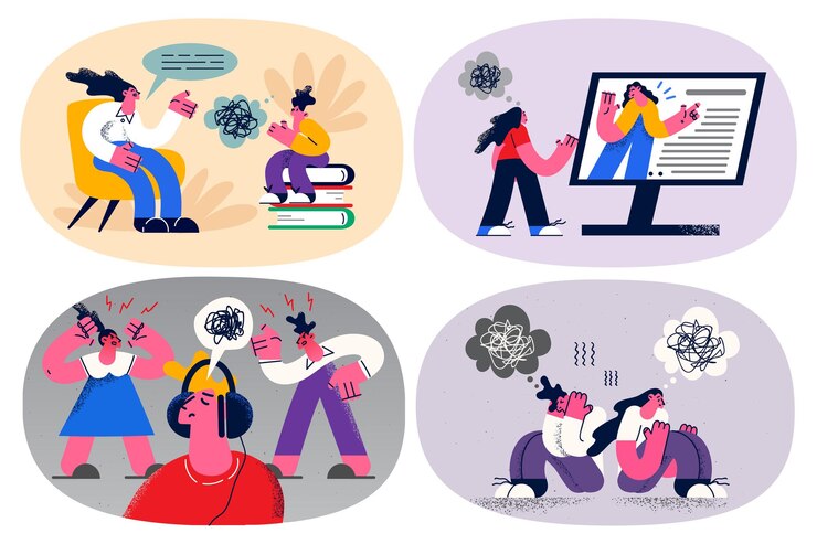 Vector set of stressed people with mess chaos in head need psychology or mental treatment. bundle of frustrated person suffer from depression or disorder unravel deal with problems. vector illustration.
