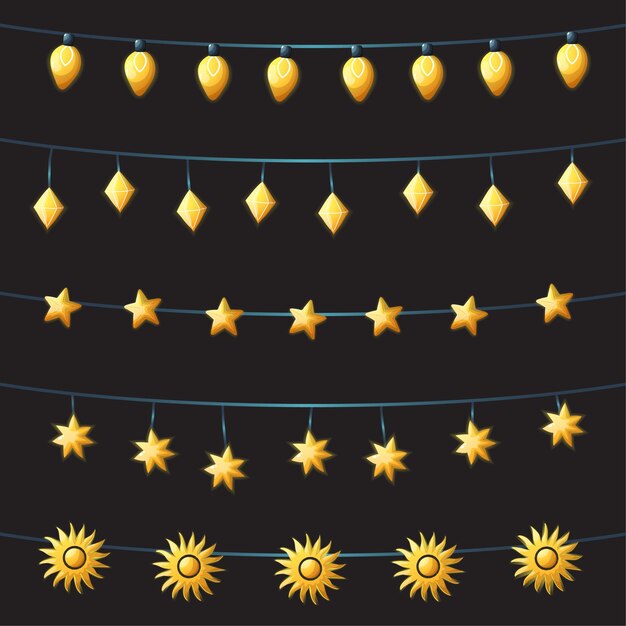 Vector set of string lights warm lamps garlands sun stars and little bulbs festive decorations vector