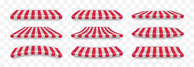 Set of striped awnings different shapes Red and white sunshade