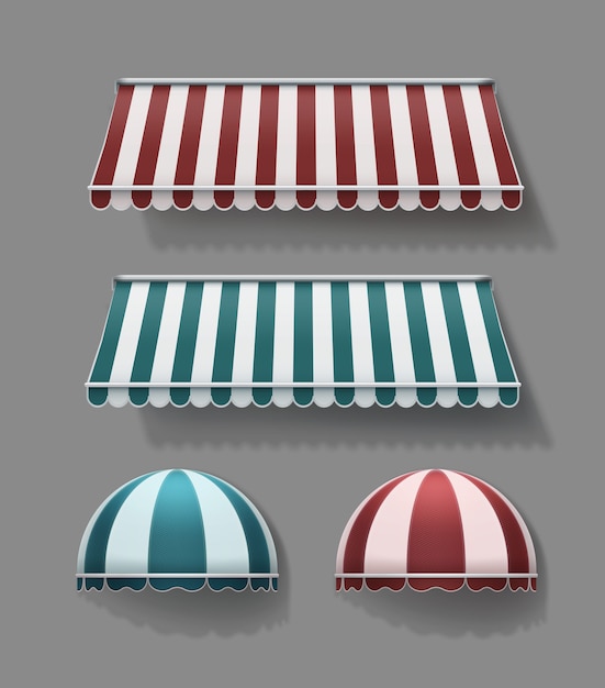 Vector set of striped retractable horizontal and rounded awnings in red and turquoise with white colors on gray background