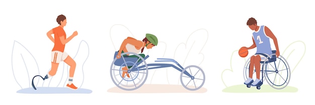 Set stripfiguren van jonge mensen met een handicap die aan sport doen