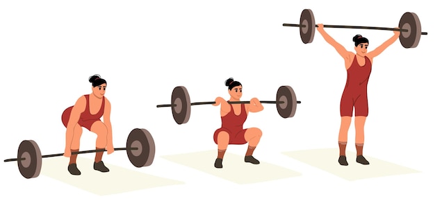 Vector set of strong woman in sportswear doing deadlift during workout. powerlifting, sports lifestyle.