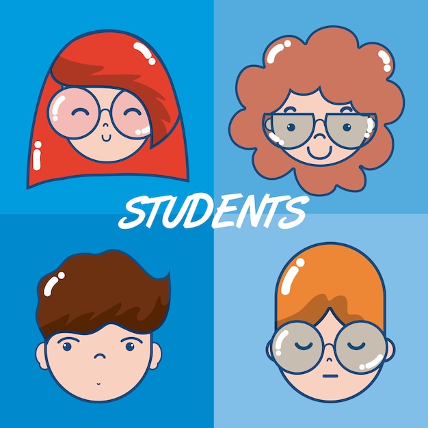 Serie di cartoni animati di facce studente in cornici quadrate colorate