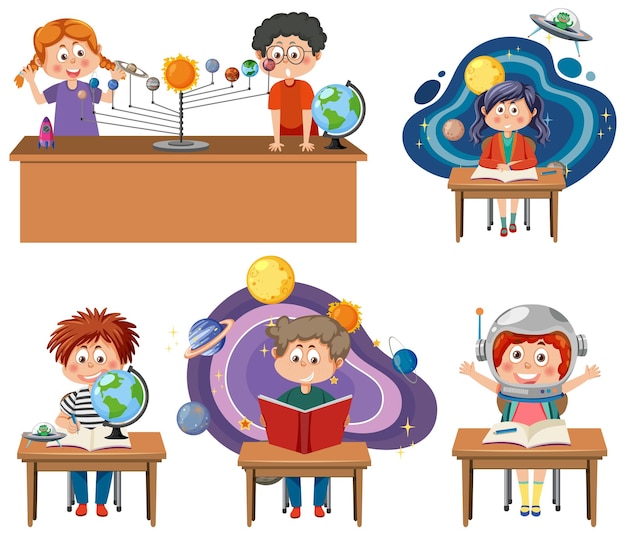 Vector set of student kids learning astronomy