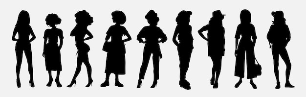 Set of students silhouettes. collection of stylish young women dressed in trendy clothes.