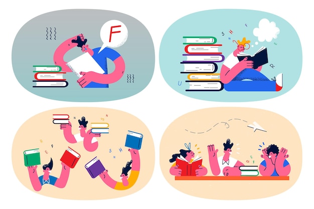 Set of students with textbooks learn prepare for exam or lesson. pupils children read books study for school or college. education and knowledge concept. flat vector illustration.