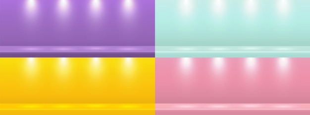 Vector set of studio horizontal purple green yellow and pink scene background..