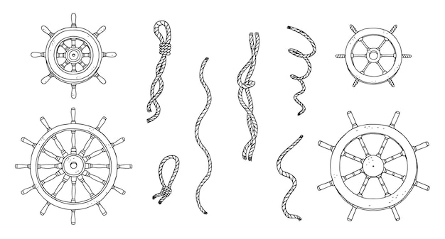 Set stuurwiel roeren en touwen. vector zwart witte doodle schets overzicht retro geïsoleerde illustratie.