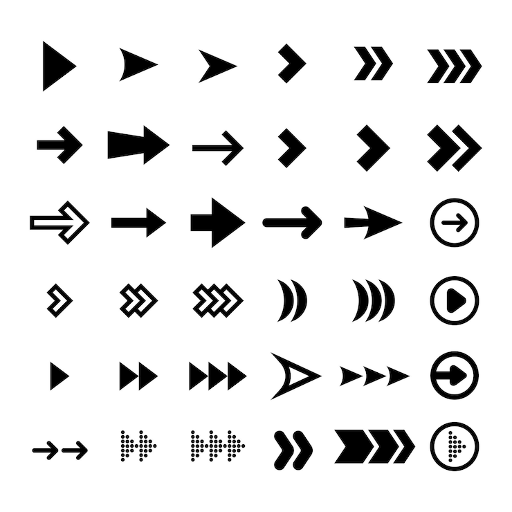 Set of style black vector right arrows isolated on white