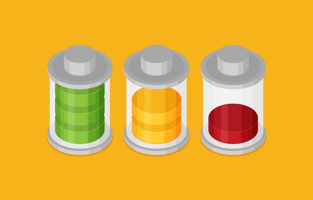 Set of stylish isometric battery charge icons isolated in background