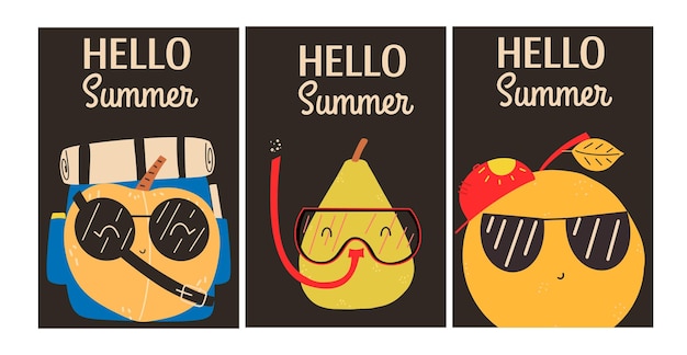 夏のフルーツのキャラクターとスタイリッシュなポストカードのセットフラットスタイルのベクトル図