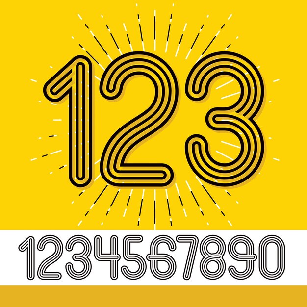 Set of stylish retro vector digits, modern numerals collection. Trendy rounded numerals from 0 to 9  can be used in poster creation. Created using geometric triple stripes.