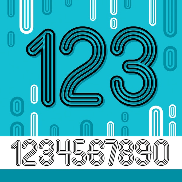 Set of stylish retro vector digits, modern numerals collection. trendy rounded numerals from 0 to 9  can be used in poster creation. created using triple stripy, parallel lines.