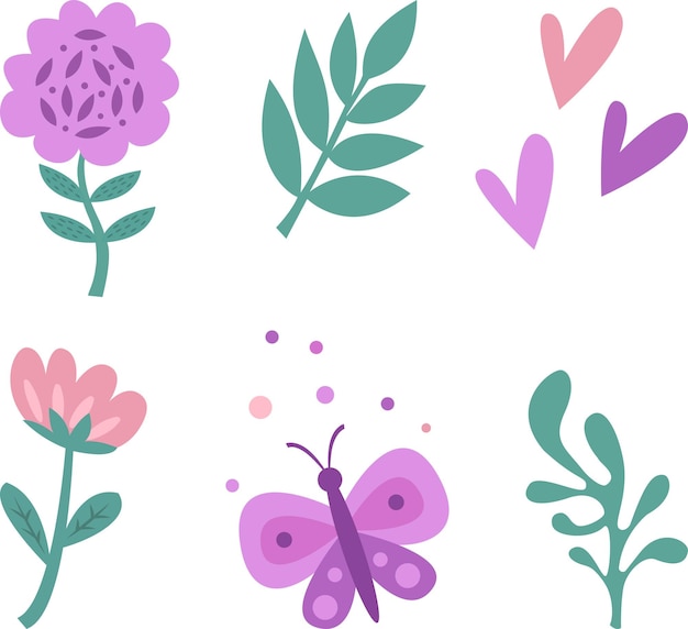 A set of stylized colors highlighted on a white background Vector flowers in cartoon style