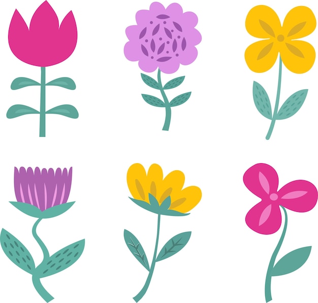Un insieme di colori stilizzati evidenziati su uno sfondo bianco. fiori vettoriali in stile cartone animato
