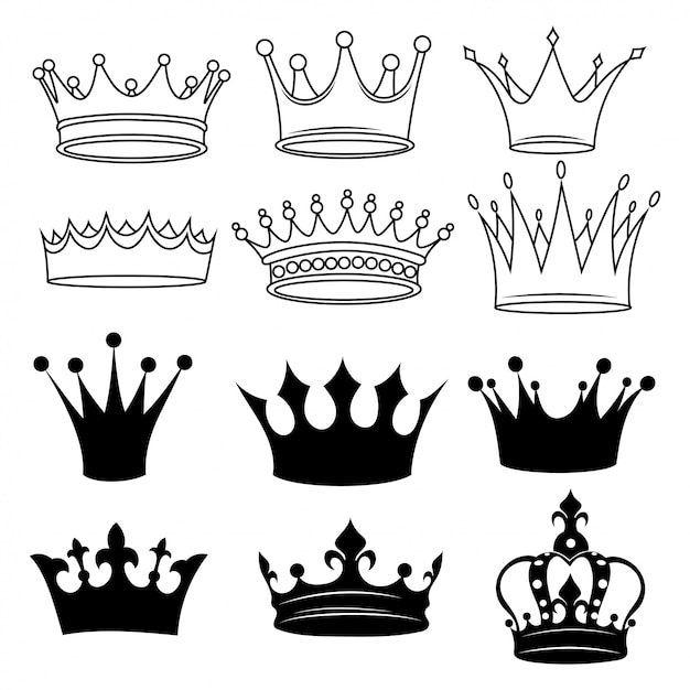 Vector set of stylized crowns. collection of black and white crowns.   illustration.