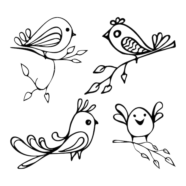 Set of stylized decorative bird on a branch doodle illustration