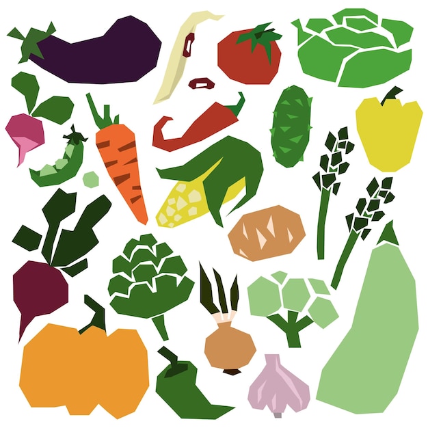 A set of stylized geometric vegetables Natural organic farm products carrots potatoes tomatoes