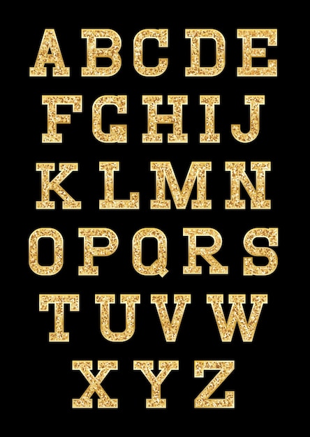 Vector set of stylized gold texture letters with metallic sheen and stroke