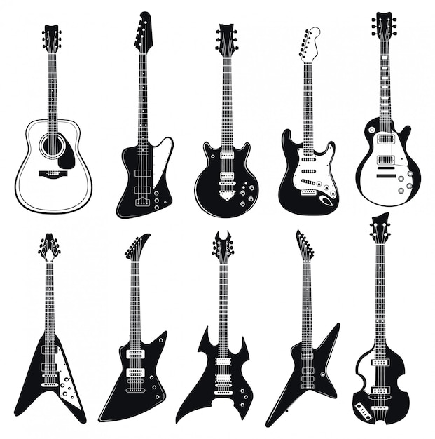 Vector set of stylized guitars. collection of electric musical instruments.