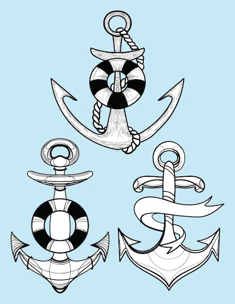 Set of stylized ship anchors. collection of tattoos with an anchor.