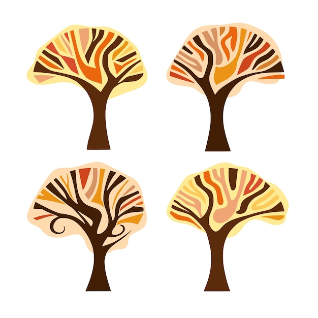 Набор стилизованных деревьев осенних деревьев на белом фоне