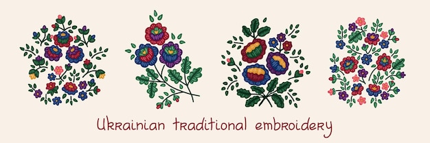 Set of stylized ukrainian folk floral ornaments with lettering