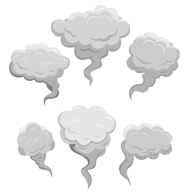 Vector set of stylized white clouds comic smoke streams dust smog and smoke steaming cloud silhouettes