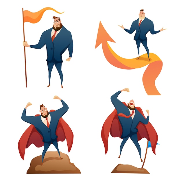 Vector set of success young businessman with flag on high mountain ang arrow