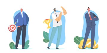 Premium Vector | Set of successful men. business characters with target, golden trophy and money. businessmen on peak of success, leadership, goal achievement, marketing strategy. cartoon people vector illustration Premium Vector | Set of successful men. business characters with target, golden trophy and money. businessmen on peak of success, leadership, goal achievement, marketing strategy. cartoon people vector illustration
