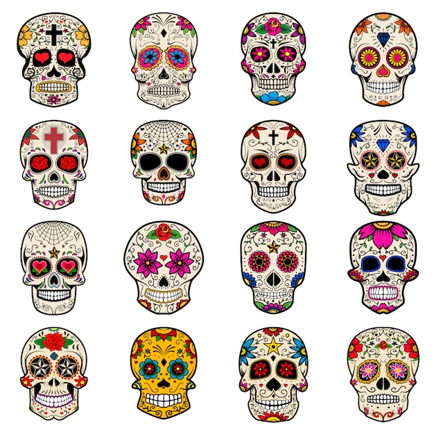 Set of Sugar skulls isolated on white background. Day of the dead.