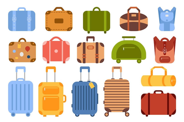 Vector set of suitcases bags and backpacks for travel various kinds of travel luggage family traveling