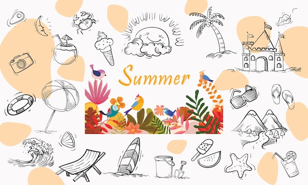 Vector set of summer beach element pattern doodle design background illustration