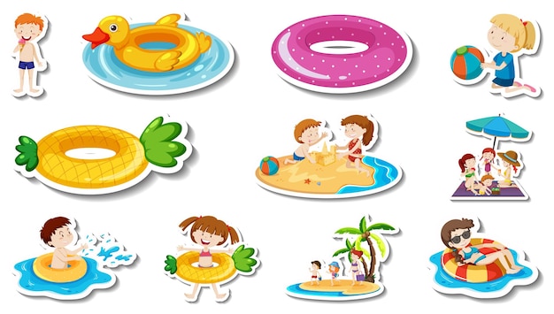 Set of summer beach items and children