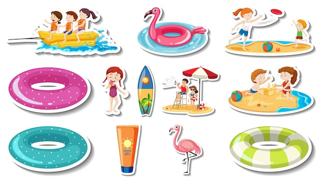 Vector set of summer beach items and children