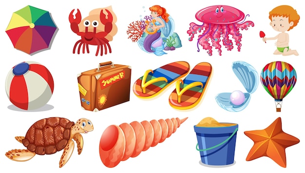 Set di oggetti da spiaggia estivi e personaggi dei cartoni animati
