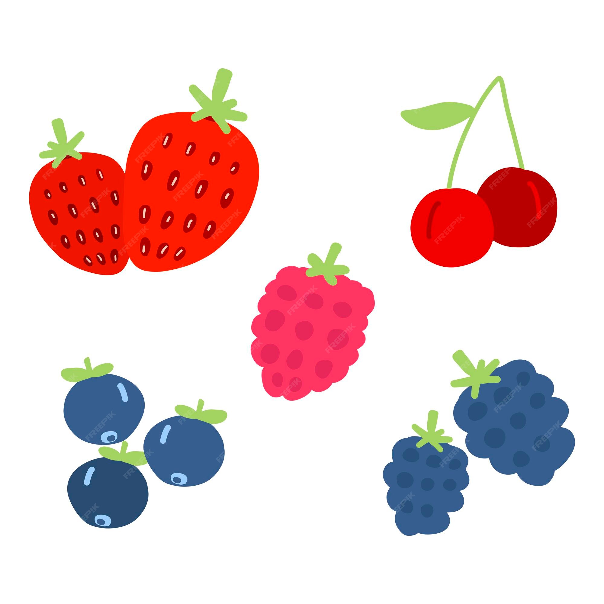 Premium Vector | Set of summer berries cartoon strawberries blackberries  raspberries blueberries cherries hand drawn vector illustration kids  nursery design element