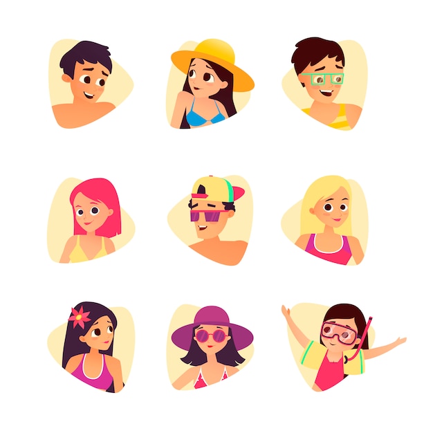 Set of summer cartoon characters. People avatars