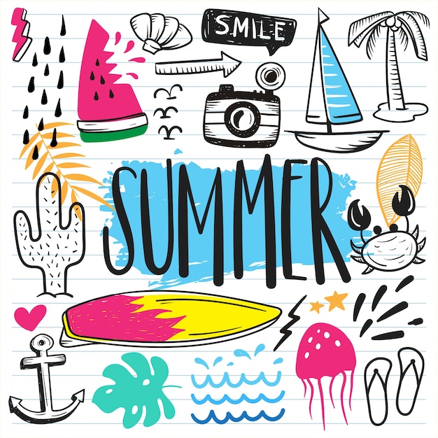 Set of summer cute doodle on paper background