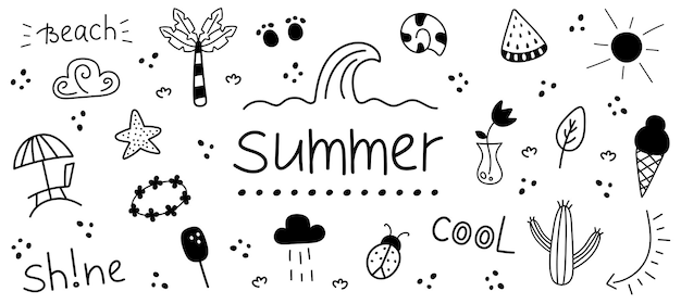 Set of summer doodle elements Hand drawn isolated icons of summer beach