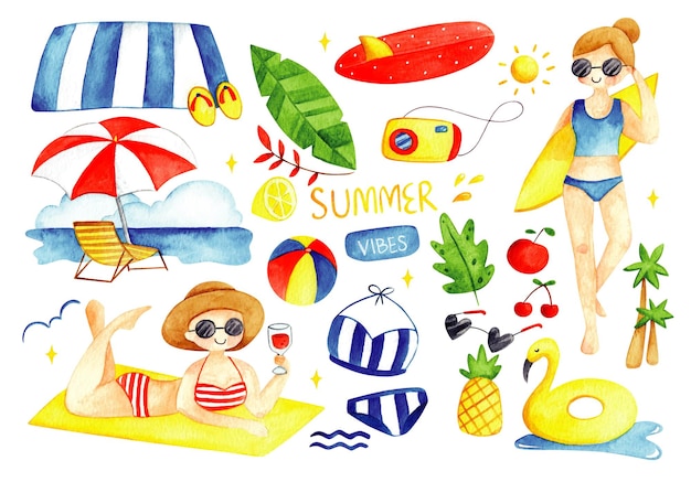 Set di estate scarabocchi illustrazione ad acquerello