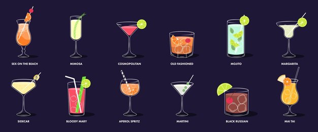 Vector set of summer drinks cocktails with ice cubes and fruit isolated on dark background