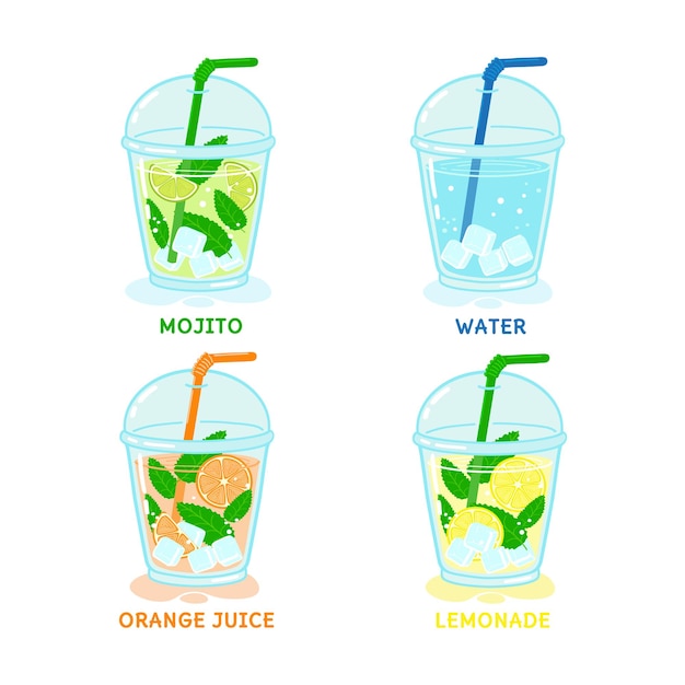 Set di bevande estive acqua mojito succo d'arancia limonata