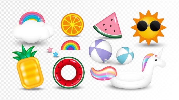 Vector set of summer elements in 3d cute cartoon style