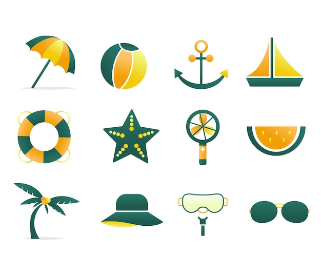 Insieme di elementi estivi. icona estiva. insieme dell'icona della spiaggia. vettore. vacanze estive, ombrellone e